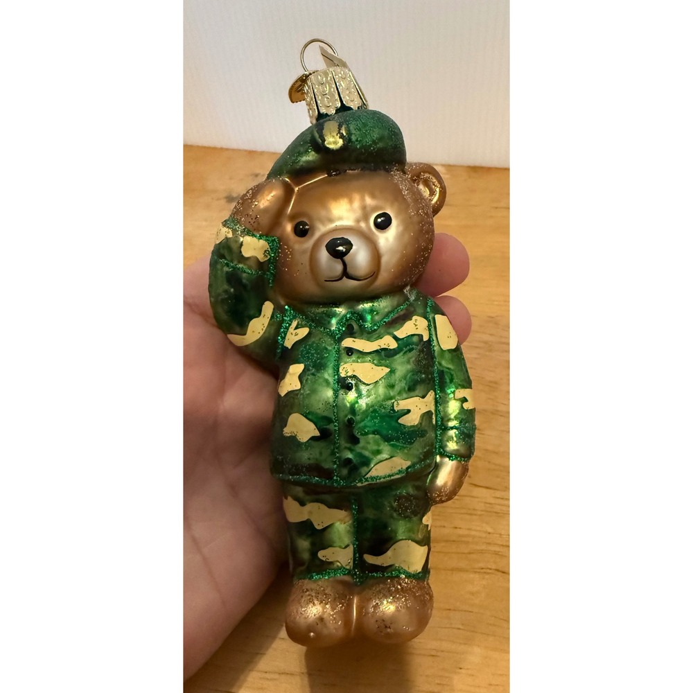 Old World Christmas Holiday 5" Ornament Green Camo Military Salute Teddy Bear